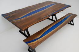 Live Edge Table & Bench Set With Blue Epoxy River 1833