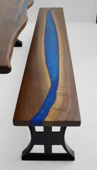Live Edge Table & Bench Set With Blue Epoxy River 1833 