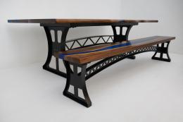 Live Edge Table & Bench Set With Blue Epoxy River 1833 