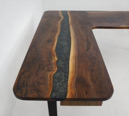 L Shaped Walnut River Desk With Adjustable Height Funct