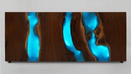 Walnut Waterfall Coffee Table With LED Lights & Blue Ep