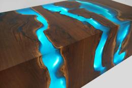 Walnut Waterfall Coffee Table With LED Lights & Blue Ep