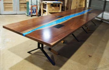 Custom Blue Epoxy Conference Table With Powerboxes & Wa