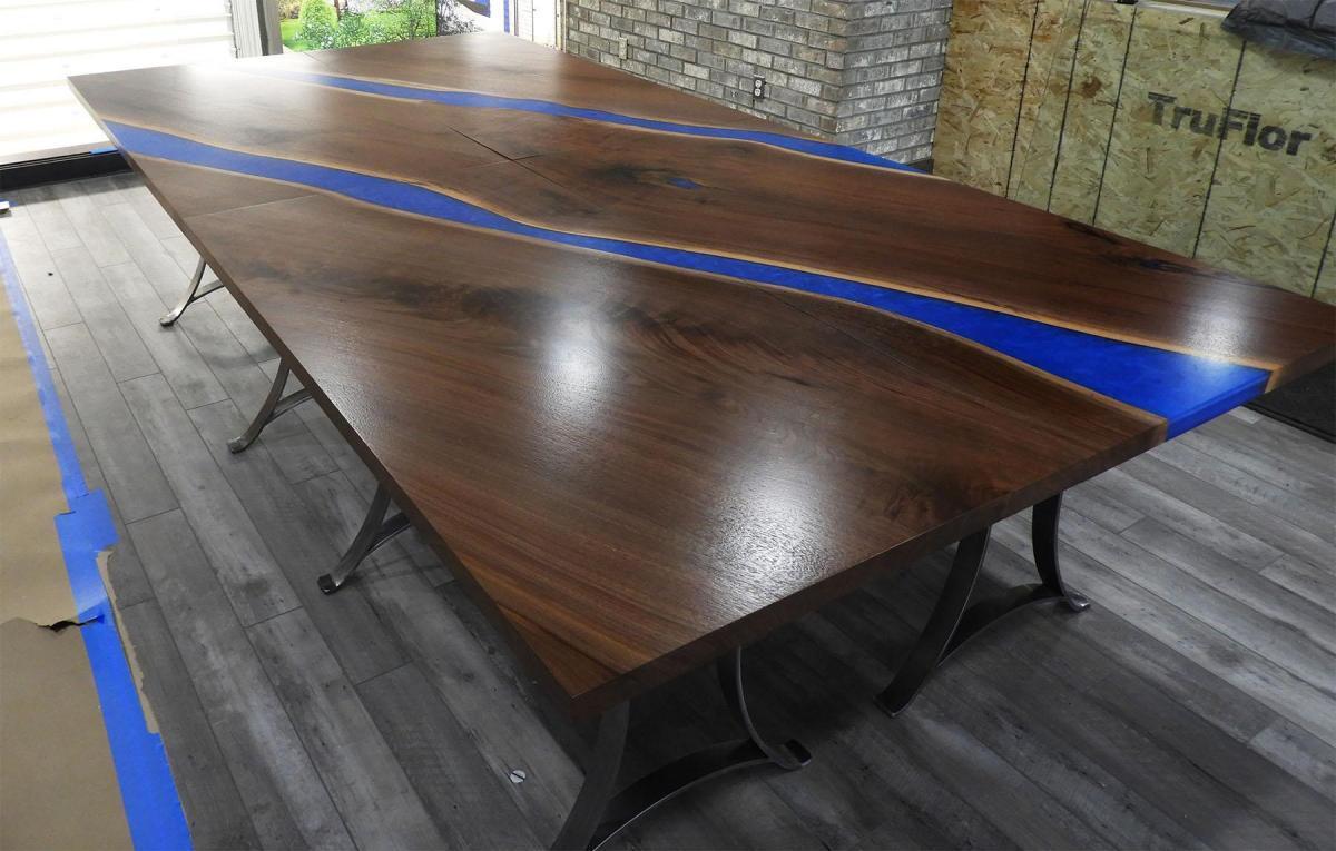 Image Epoxy Conference Table With Walnut Wood & Blue Epoxy 2