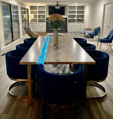 Custom Dining Room Table With LED Lights, Embedded Rock