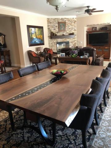 Custom Live Edge Table With Epoxy River & Embedded Crys