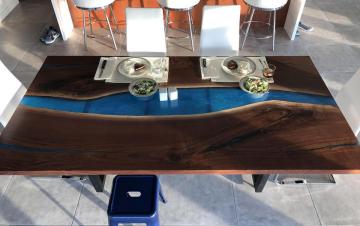 Epoxy Dining Room Table With Walnut Wood & Blue Epoxy