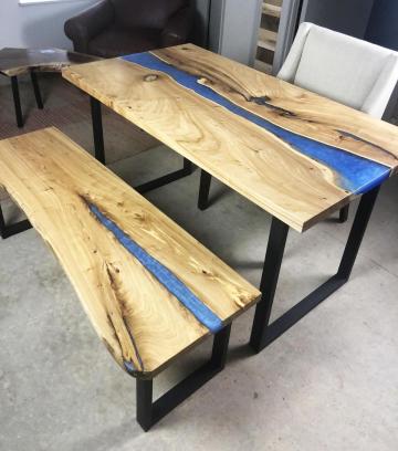 Custom Live Edge Table & Bench With Blue Epoxy