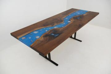 Walnut Coffee Table With Blue Epoxy & Embedded Seashell