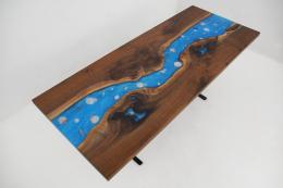 Walnut Coffee Table With Blue Epoxy & Embedded Seashell