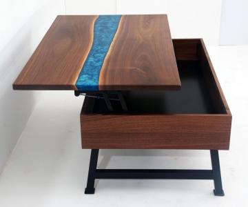 Custom Made Walnut Coffee Table With Blue Epoxy - Multi