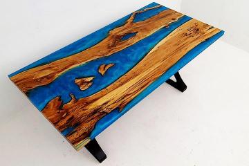 Custom Made Beech Wood Dining Table With Blue Epoxy - M