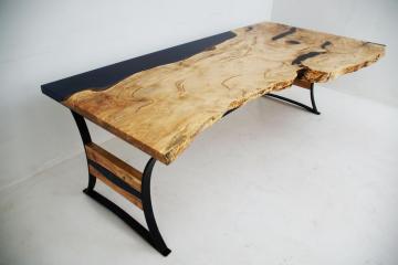 Custom Made Live Edge Desk With Elm Wood & Black Epoxy