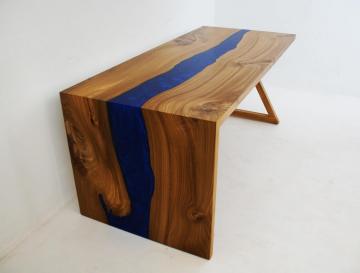 Custom Made Desk With Elm Wood & Blue Epoxy