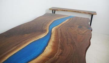 Live Edge Conference Table With Blue Epoxy & Walnut Woo
