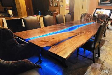 Custom Live Edge Dining Table With LED Lights & Blue Ep
