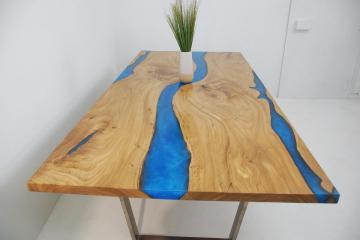 Epoxy Dining Tables With Elm Wood & Blue Epoxy