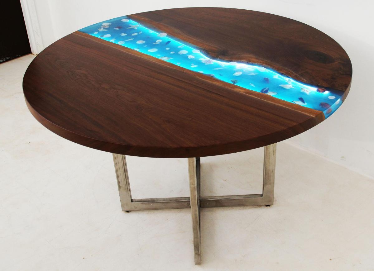 Image Round Epoxy Dining Table With LED Lights & Embedded Seashells