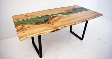 Epoxy Dining Room Table With Embedded Rocks & Green Epo