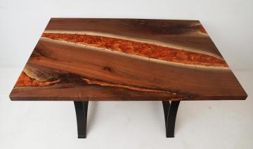 Epoxy Dining Room Table With Walnut Wood & Orange Epoxy