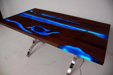 Custom Wood Furniture With LED Lights & Blue Epoxy