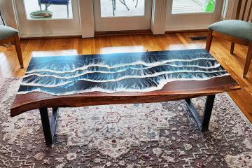 Ocean Scene Coffee Table With Live Edge & Walnut Wood