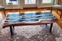 Ocean Scene Coffee Table With Live Edge & Walnut Wood 1