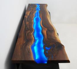 Live Edge Walnut Countertop With LED Lights & Blue Epox