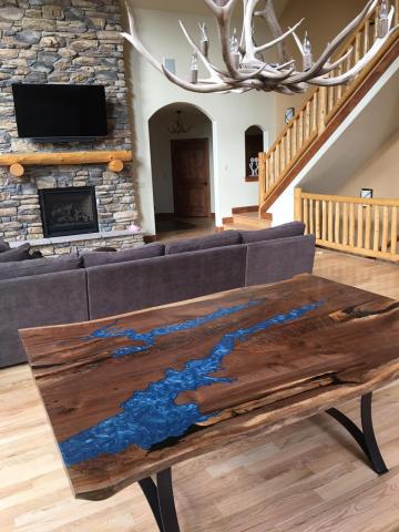 Live Edge Table With Engraved Map & Blue Epoxy - Custom