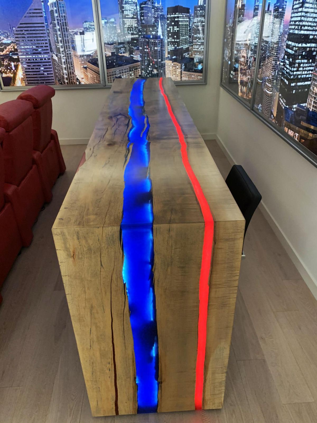 Image Epoxy Bar Top With Waterfall & LED Lights - Custom Wood Furniture