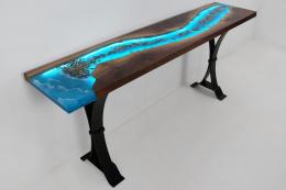 Walnut Sofa Table With Epoxy, LED Lights & Embedded Roc