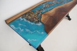 Walnut Sofa Table With Epoxy, LED Lights & Embedded Roc