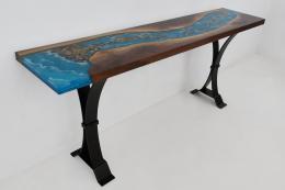 Walnut Sofa Table With Epoxy, LED Lights & Embedded Roc