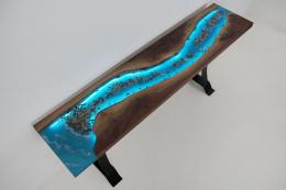 Walnut Sofa Table With Epoxy, LED Lights & Embedded Roc