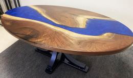 Oval Walnut Dining Table With Blue Steel Base 4