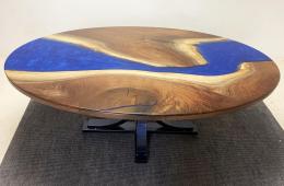 Oval Walnut Dining Table With Blue Steel Base 1