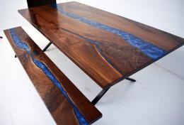 Blue Epoxy Resin River Dining Table & Bench 1