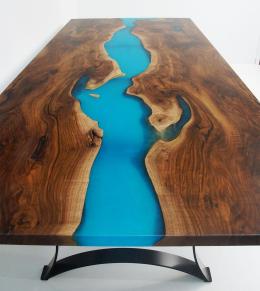 Walnut Live Edge Kitchen Table With Teal Epoxy Resin Ri