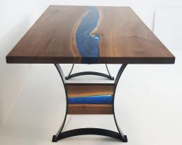 LED Lit Live Edge Dining Room Table With Blue Resin Riv
