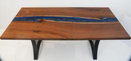 LED Lit Live Edge Dining Room Table With Blue Resin Riv