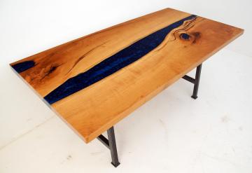 Cherry Wood Dining Table With Deep Blue Resin