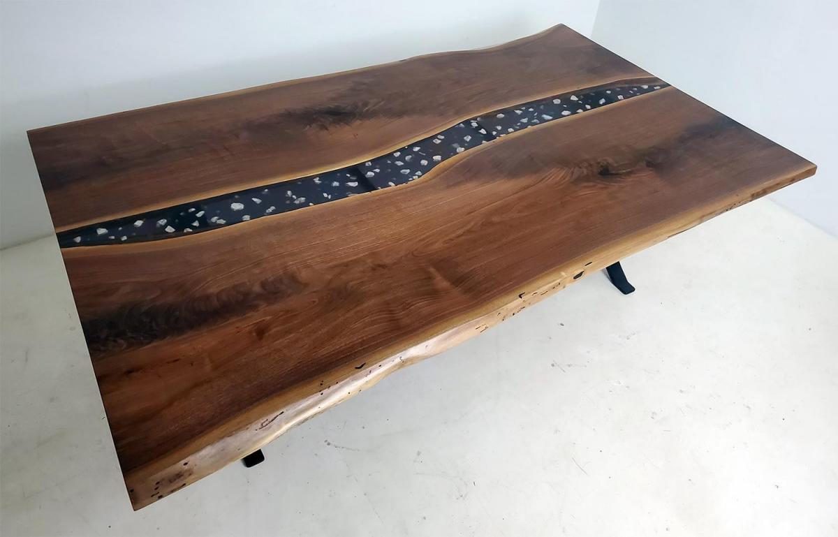 Live Edge Black Epoxy Dining Table w/Crystals