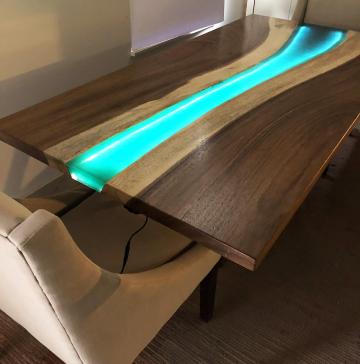 Custom Live Edge Green Epoxy Resin River LED Backlit Di