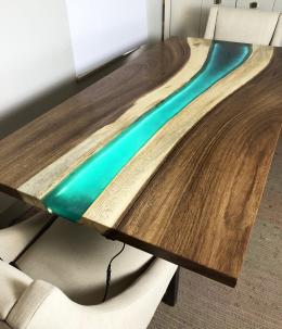 Custom Live Edge Green Epoxy Resin River LED Backlit Di