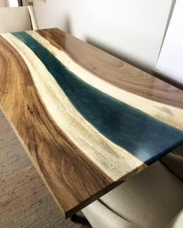 Custom Live Edge Green Epoxy Resin River LED Backlit Di