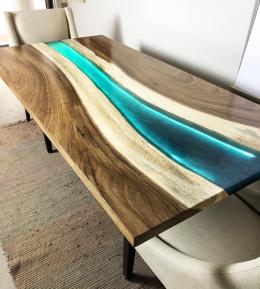 Custom Live Edge Green Epoxy Resin River LED Backlit Di