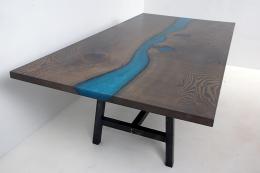 Custom Stained Oak Blue Epoxy River Dining Room Table 4