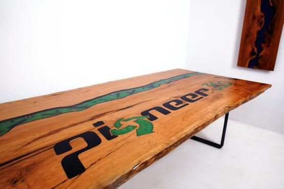 Epoxy River Table With Embedded Objects & CNC Engraved Logo
